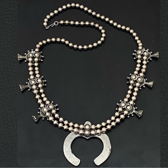 Vintage Faux Turquoise Silver-tone Ball Chain Squash Blossom Necklace 147.7g - Picture 6 of 14